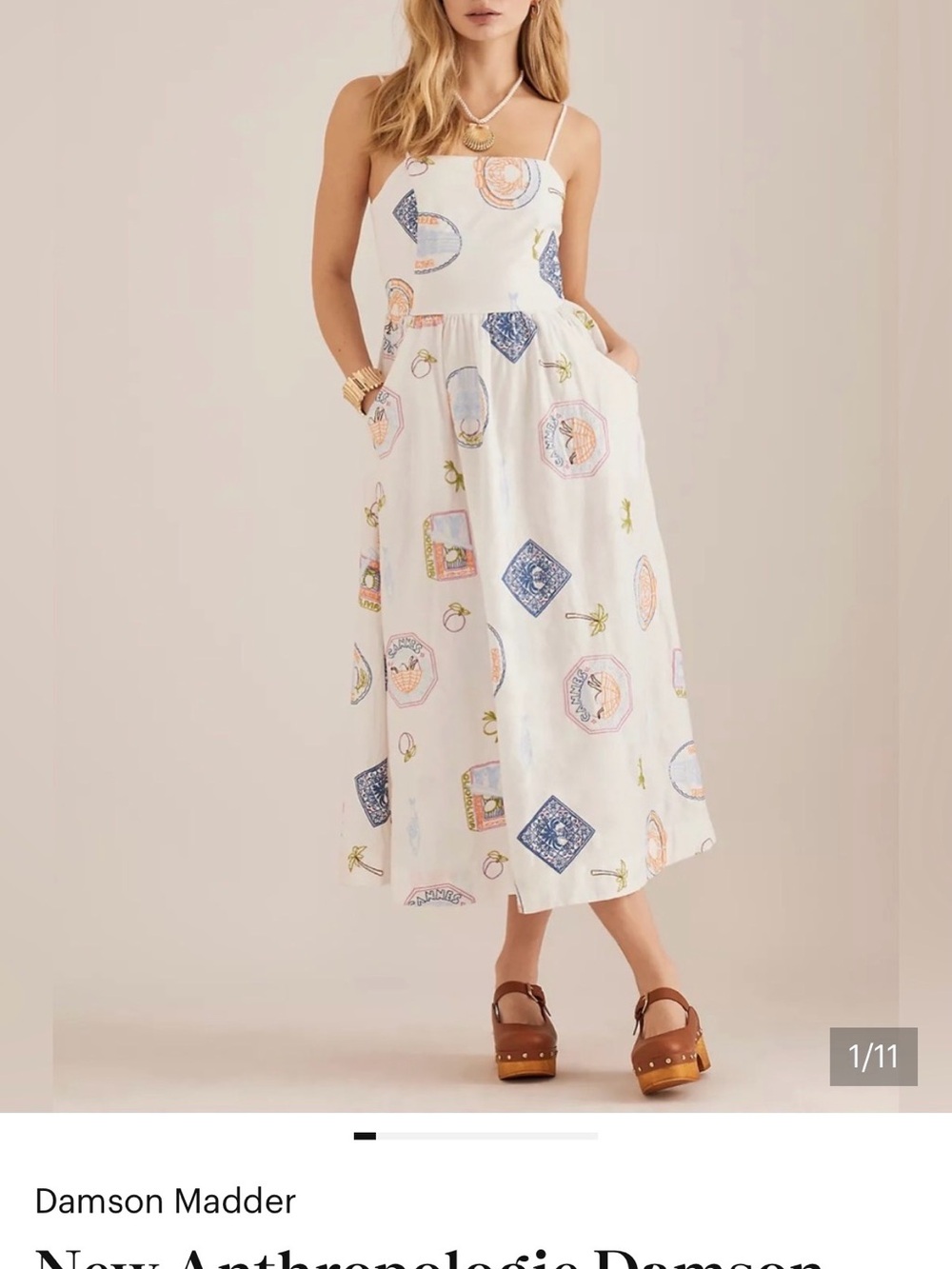 Damson Madder Peaches Embroidered Cotton Apron Midi Dress Size 8